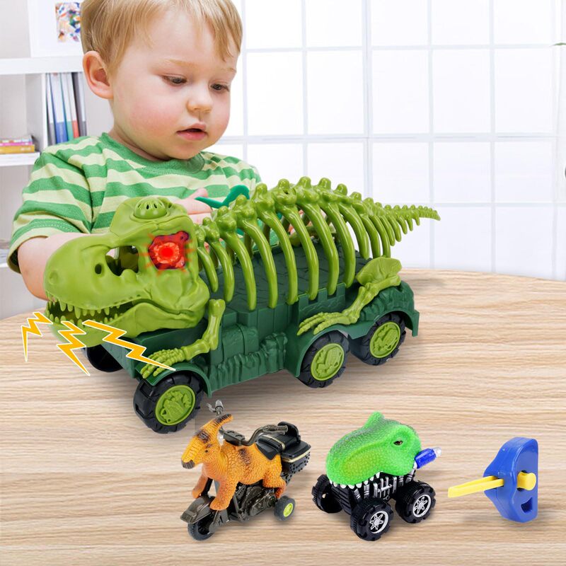SOURCE Factory Amazon new product with light music children dinosaur toy car Tyrannosaurus skeleton transport vehicle