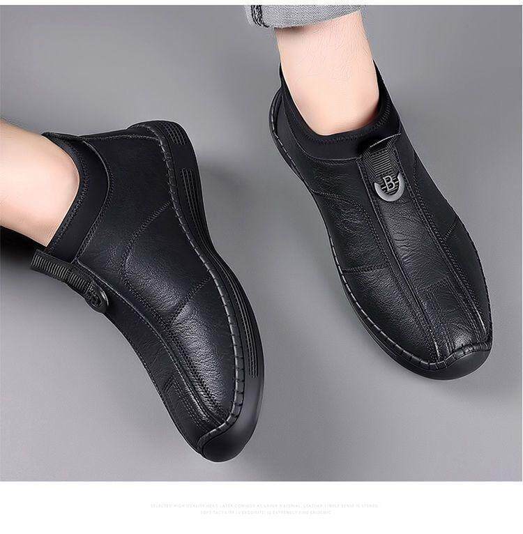 Bốt nam cổ trung lót lông giữ ấm chống trượt, giày da lười đế bằng — giày nâu, giày đen, Lông cừu đen, Màu nâu cộng với nhung chi tiết 21