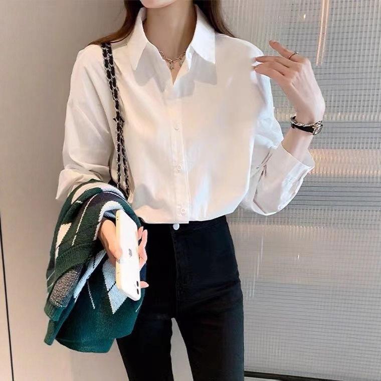 白衬衫女纯棉新款春秋设计感小众洋气女装上衣百搭休闲白色衬衣春|undefined