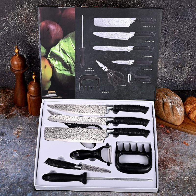 Juego de cuchillos de 8 piezas con mango de malla y patrón de martillo