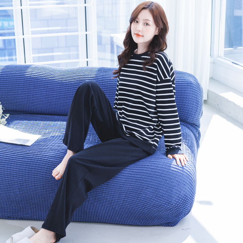 パジャマレディース春秋純綿長袖2023年新作純綿セットストライプホームウェアカジュアル外着可