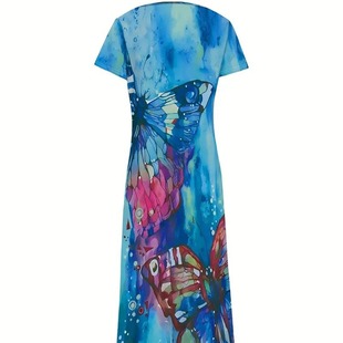 2024 Summer New Amazon Independent Station Short-sleeved Slim-fit Butterfly Printed Low-cut V-neck Sling Long Dress