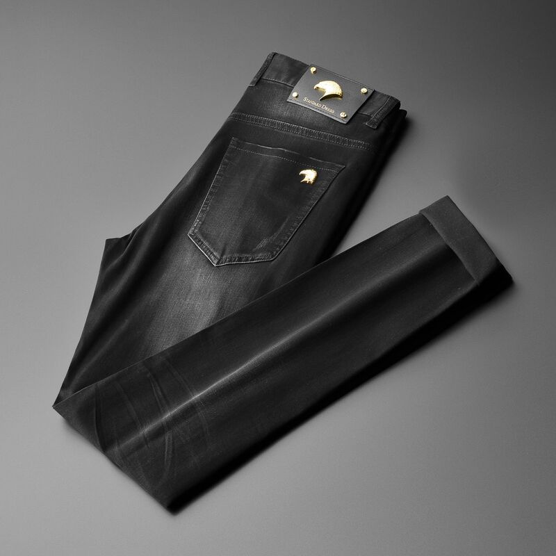 I Fajadore | 2025 Spring and Autumn Men's Jeans Black Distressed Washed Simple Eagle Head Straight-Leg Men's Jeans