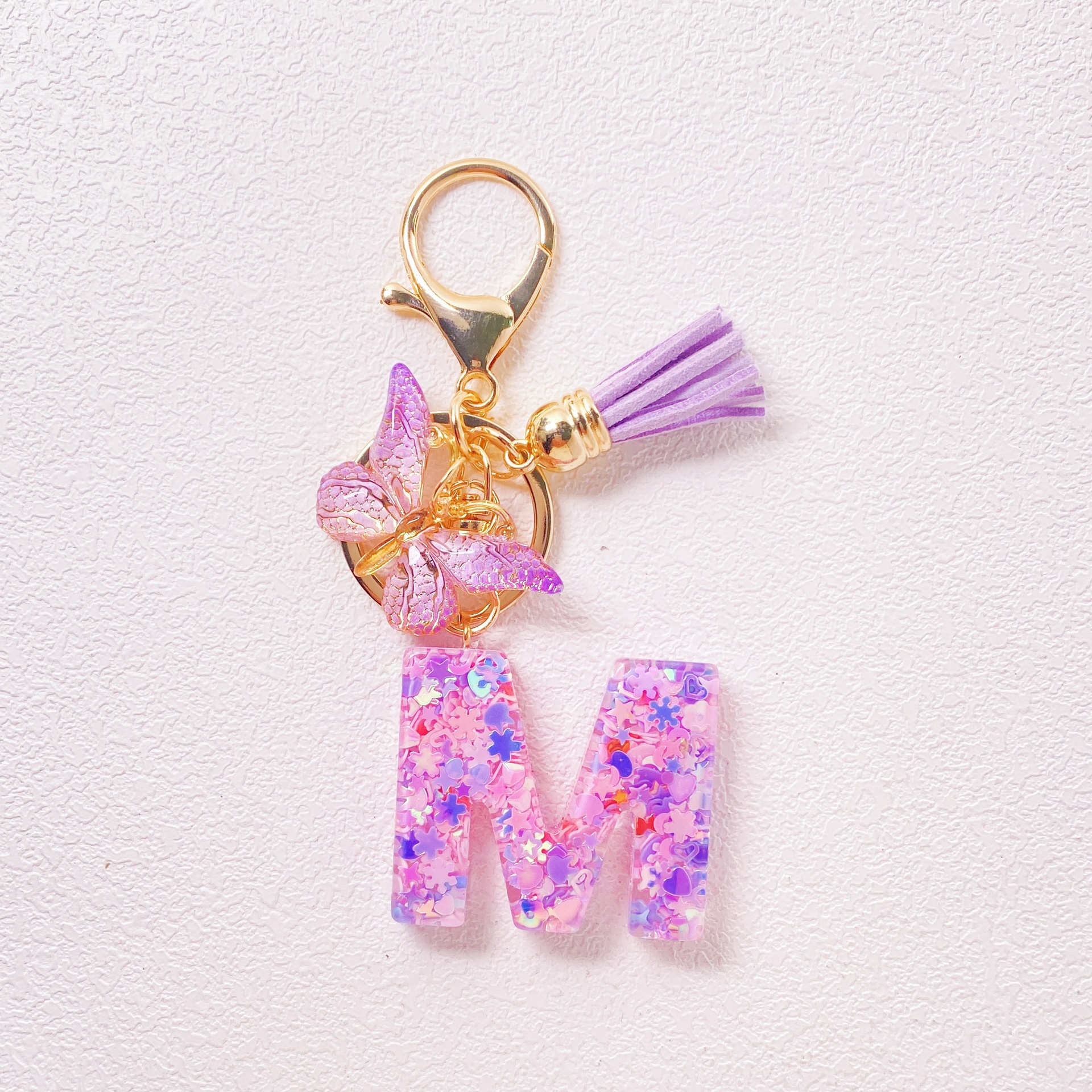 20g Weight Sequins Inlay Material Keychain Classification Daily Occasion Epoxy Material Letter, Butterfly Pattern Women's Gender Sweet Style Purple Color Letter Butterfly Keychain Epoxy Sequins Women's Sweet Keychain 14