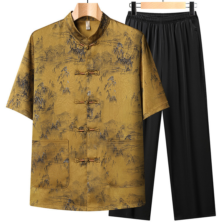 唐装男中老年夏季短袖套装爸爸装中国风半袖汉服老人衣服爷爷套装