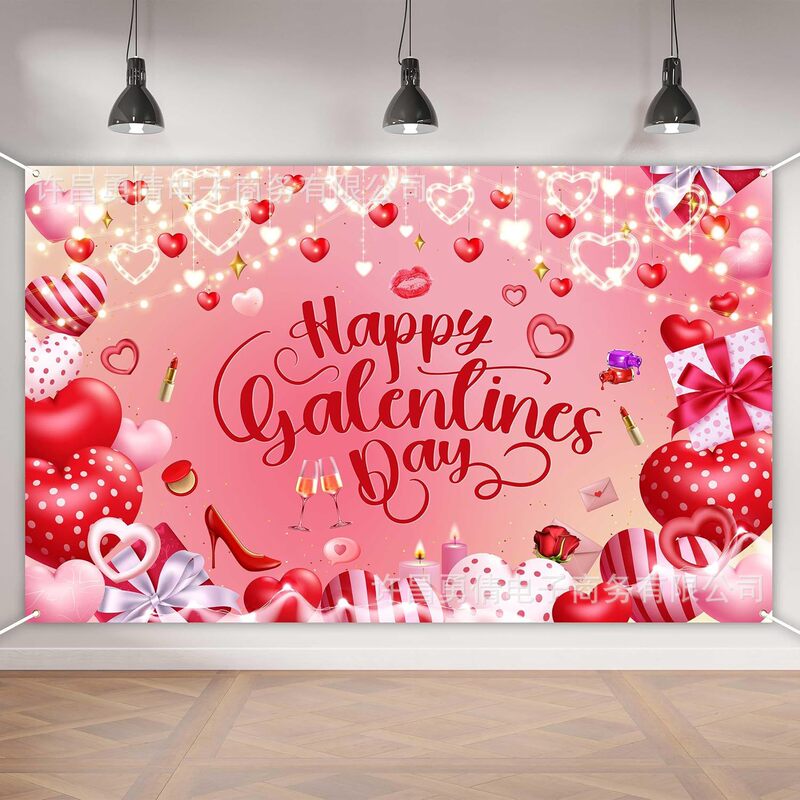 Cross-border New Pink Love Photography Background Cloth Valentine's Day Party Atmosphere Decorative Props Banner Hanging Cloth