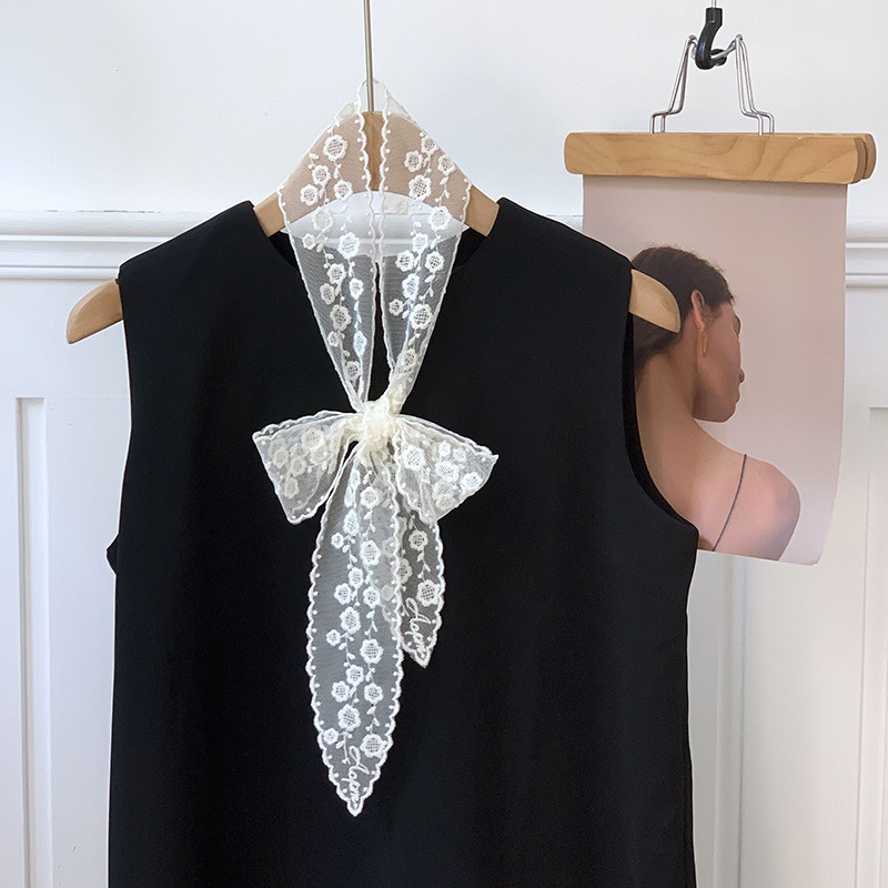 Pañuelo de seda estilo coreano de alta calidad flor blanca bordado encaje bufanda de seda cinturón decorativo mujer primavera y verano bufanda salvaje cinturón para el cabello