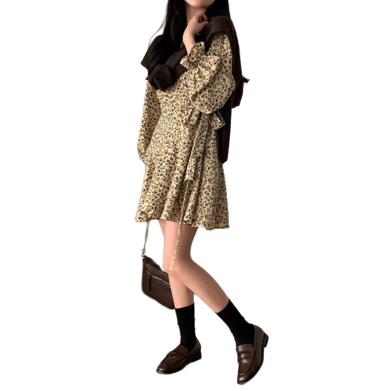 韩国chic2025秋季新款法式碎花连衣裙女系带显瘦连衣裙裙子女装|undefined