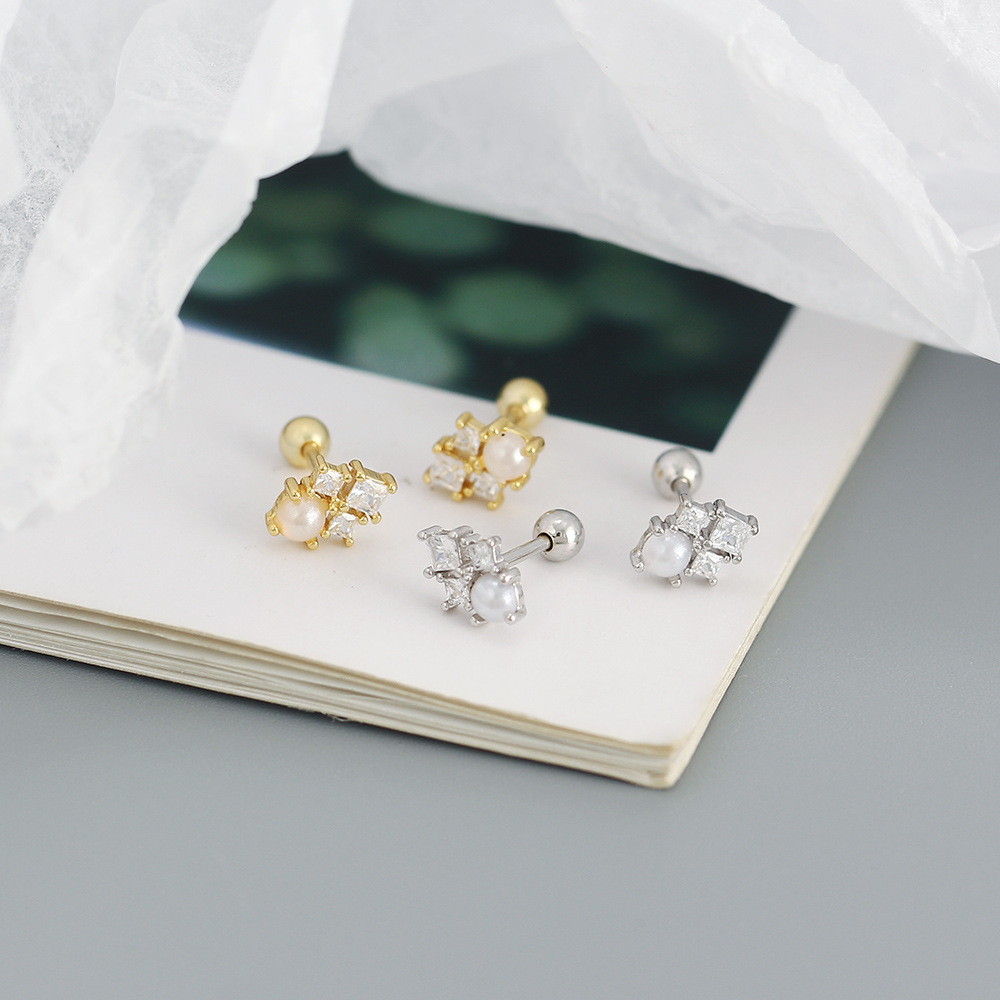 925 Sterling Silver Material 1 Pair 925 Sterling Silver Imitation Pearl Zircon Geometric Ear Studs