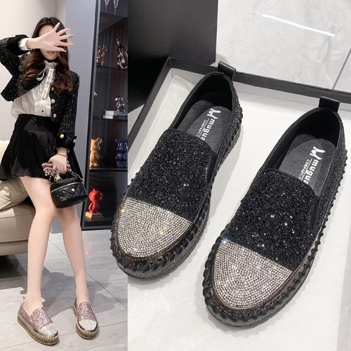 Women's New Spring Overseas Trade Loafers with Thick Soles, Flat, Water Diamond Fashion Sneakers