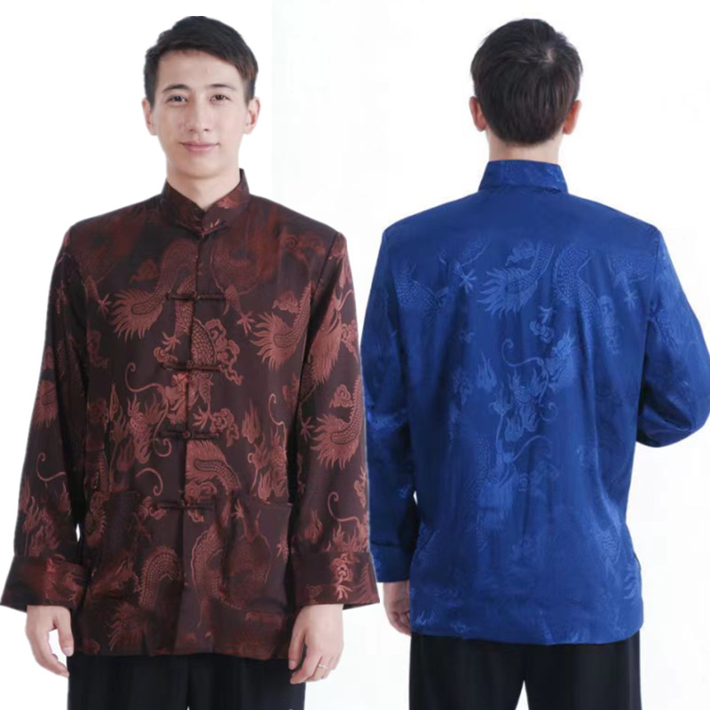 春秋男士长袖唐装大码上衣中国风中老年休闲外套提花大龙中式衬衫