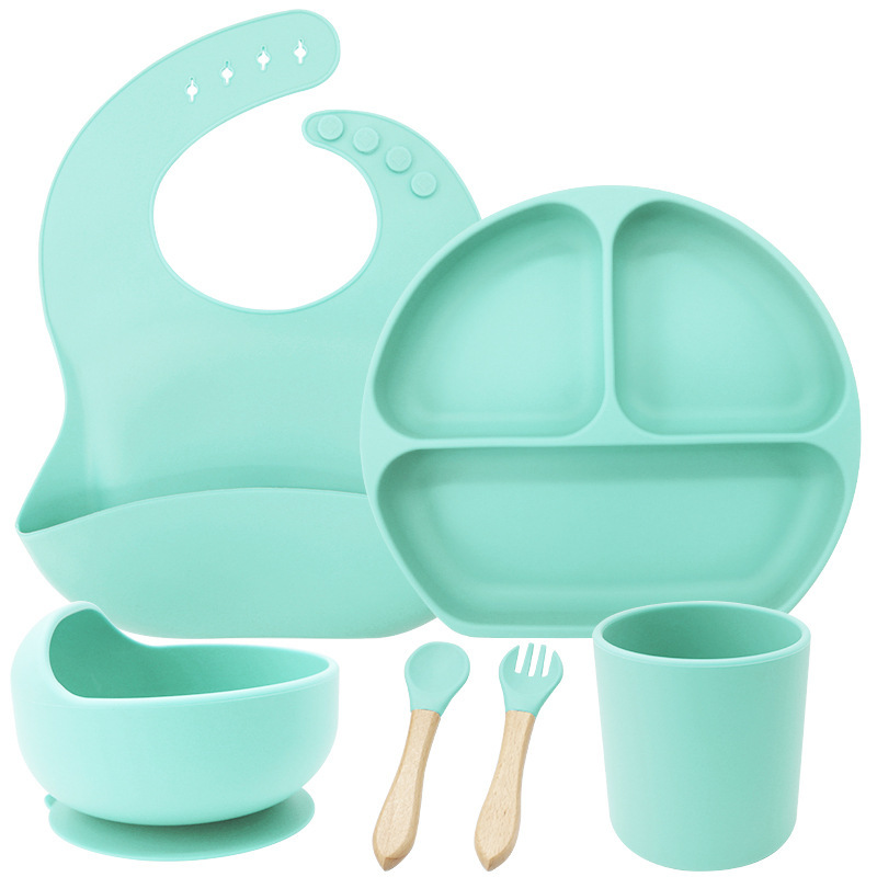 Conjunto de cubiertos de silicona para niños de grado alimenticio, platos de comedor de tres compartimentos, tazas de agua de silicona para bebés, tazas de silicona para estudiantes