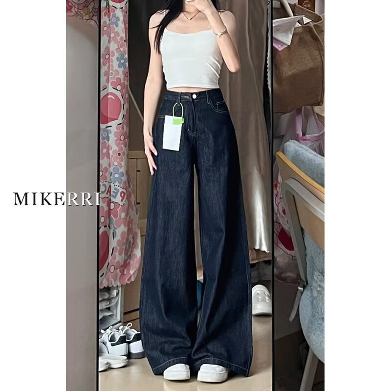 dark blue Version A Large Wide Leg Jeans Women's Spring New High Waist Loose Meat Covering Slimming Straight Leg Trousers