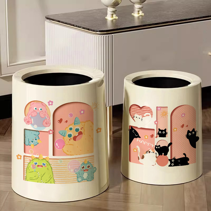 Cartoon Trendy Household Living Room Trash Can, High-Capacity Bedroom Kitchen High-End Double-Layer Storage Bucket with Lid