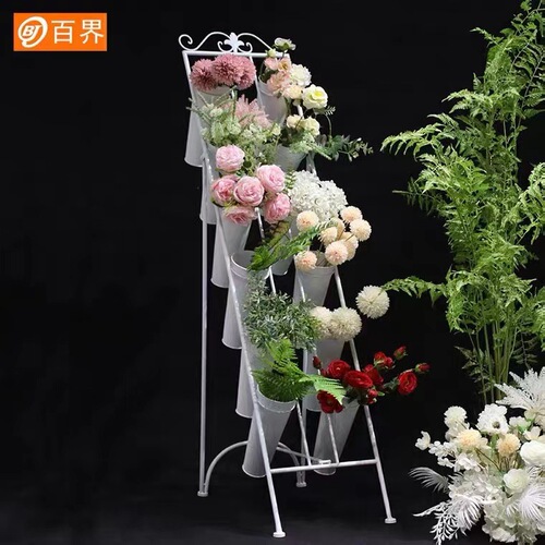 Multi-layer step ladder flower rack, iron flower shop flower display stand, flower pot, flower arrangement cylinder, floor-standing display rack