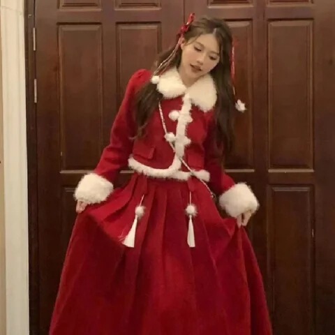 Chinese New Year Traditional Red Dress Set for Women, Autumn New Chinese-Style Improved Hanfu Outfit for Petite Figures, Complete Set
