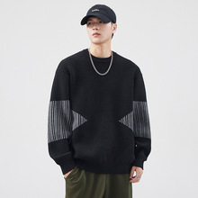 冬季新款保暖圆领针织衫毛衣男条纹提花拼色青年圆领毛线衣复古潮