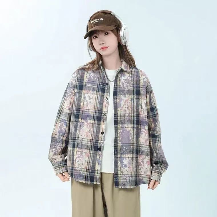 チェック柄シャツ女性 2025 春の新韓国ファッションガール小柄なレトロ長袖シャツカジュアルジャケット|undefined
