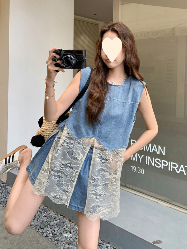 Lace Splicing Denim Vest Shorts Suit New Style Women's Summer Korean Style Two-Piece Set