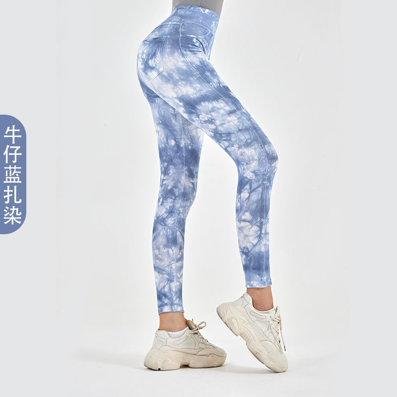 Pantalones de fitness de mezclilla teñidos de cintura alta transfronterizos nuevos pantalones de fitness de cintura alta elásticos de las mujeres que adelgazan la cadera apretados yoga deportes pantalones Casuales