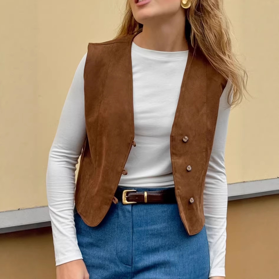 European and American Street Style Retro Brown Suede Vest for Women 2026 Autumn Foreign Trade Casual V-Neck Workwear Jacket Women's Clothing