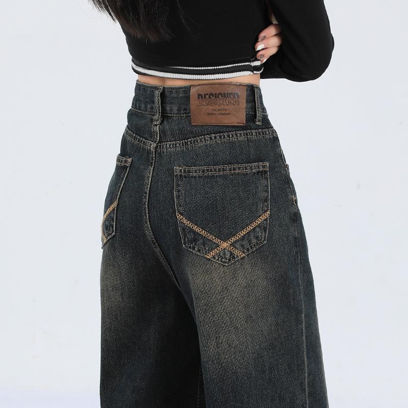 Plus-Size Women's Retro High-Waisted Wide-Leg Jeans, New American-Style High Street Slimming Straight Pants