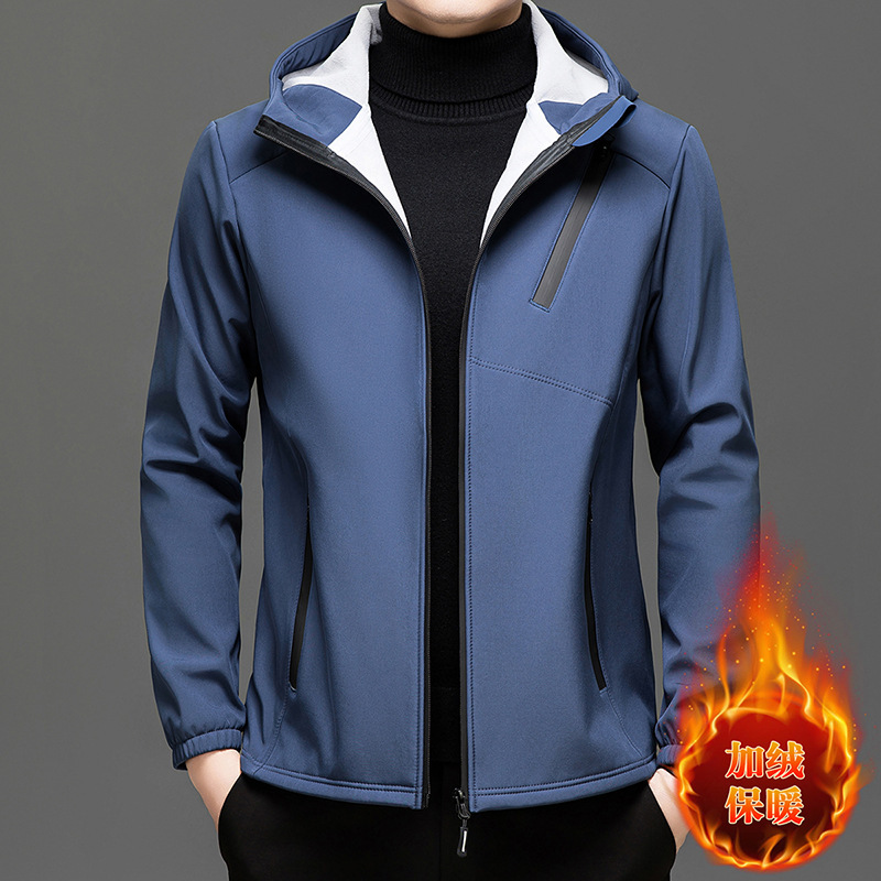 Outdoor Jacket Men's Winter Windproof Mountaineering Hooded Casual Jacket Soft Shell Fleece-Lined Warm Top
