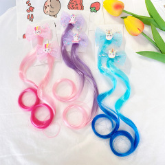 クロスボーダー子供かつらヘアクリップ漫画ユニコーン虹ポニーちょう結びカラー長い巻き髪編み髪飾り・