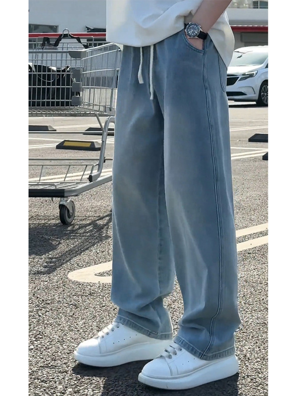 Cool Ice Silk Lightweight Jeans for Men, Summer High Street Vibe, Loose Straight Pants, American Retro Washed Long Pants, Trendy