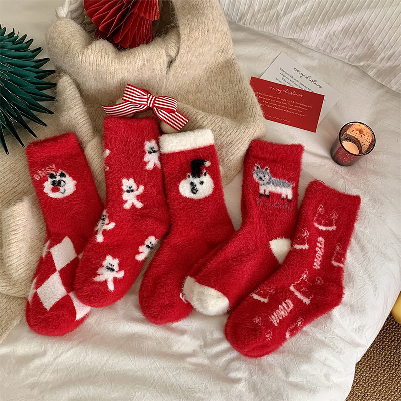 Red Socks for Women's Lucky Year, imitation mink fur, cute cartoon style, padded, thick, warm red winter new year socks