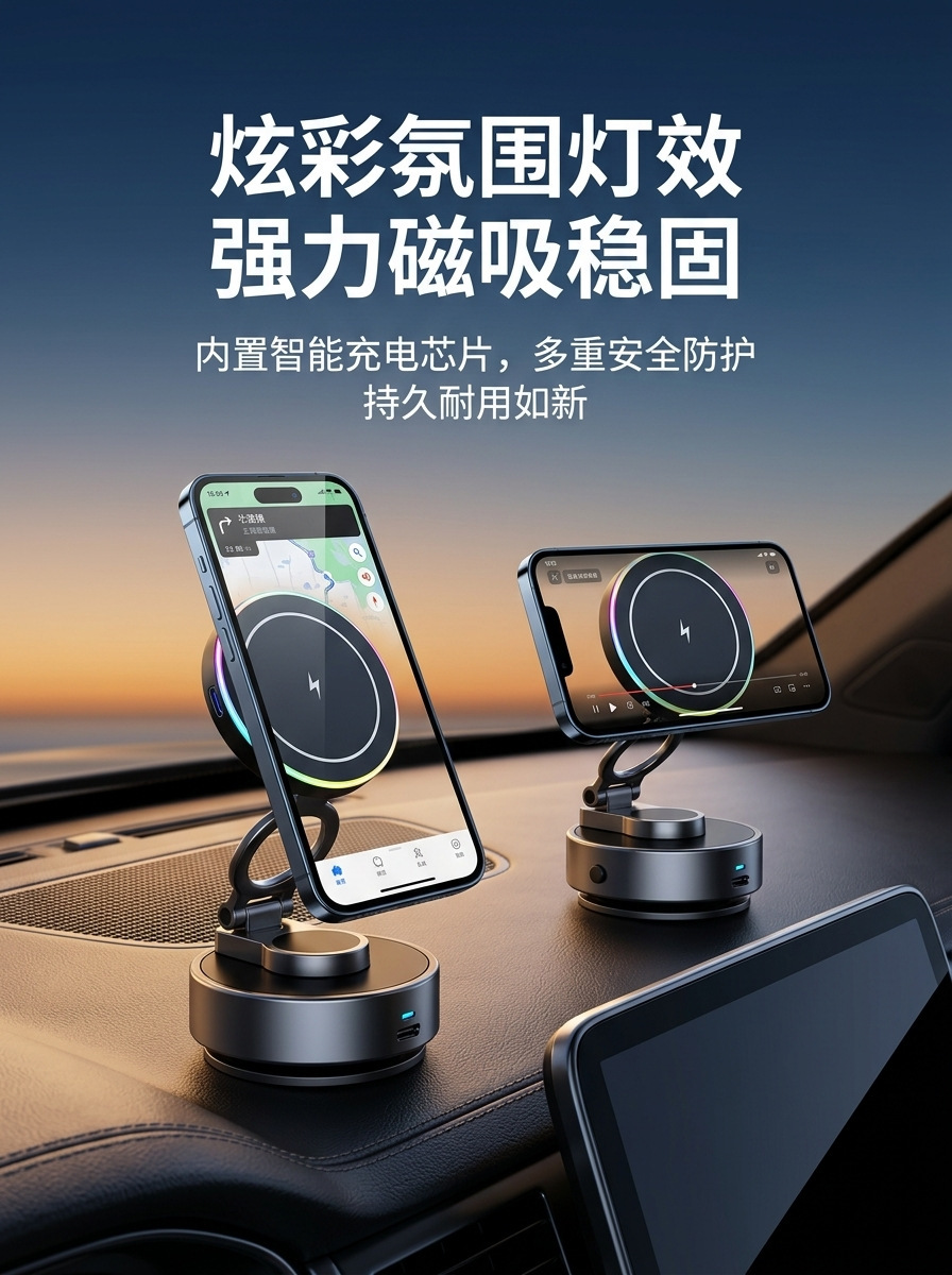 Wireless charging car phone holder, center console navigation stand, third-generation rotating car phone mount, wholesale
