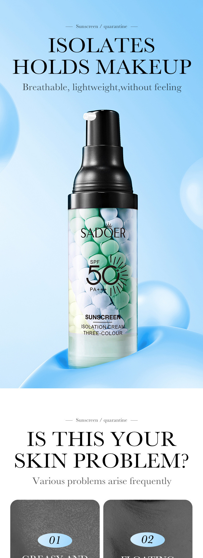 Cross-border foreign trade SADOER three-color sun protection cream uniform skin color before makeup base isolation protective cream