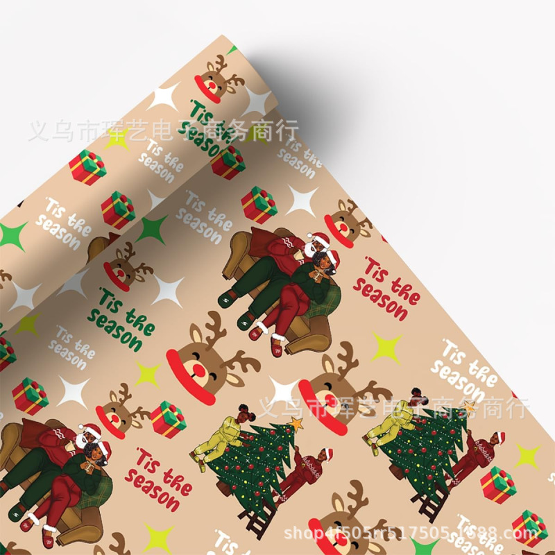 跨境爆款Santa Claus wrapping paper黑色圣诞老人包装纸可代贴标|undefined