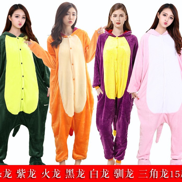Autumn and Winter Flannel Dinosaur Animal Siamese Pajamas for Men and Women Purple Dragon Small Fire Dragon Black Dragon White Dragon Animation Home Clothes