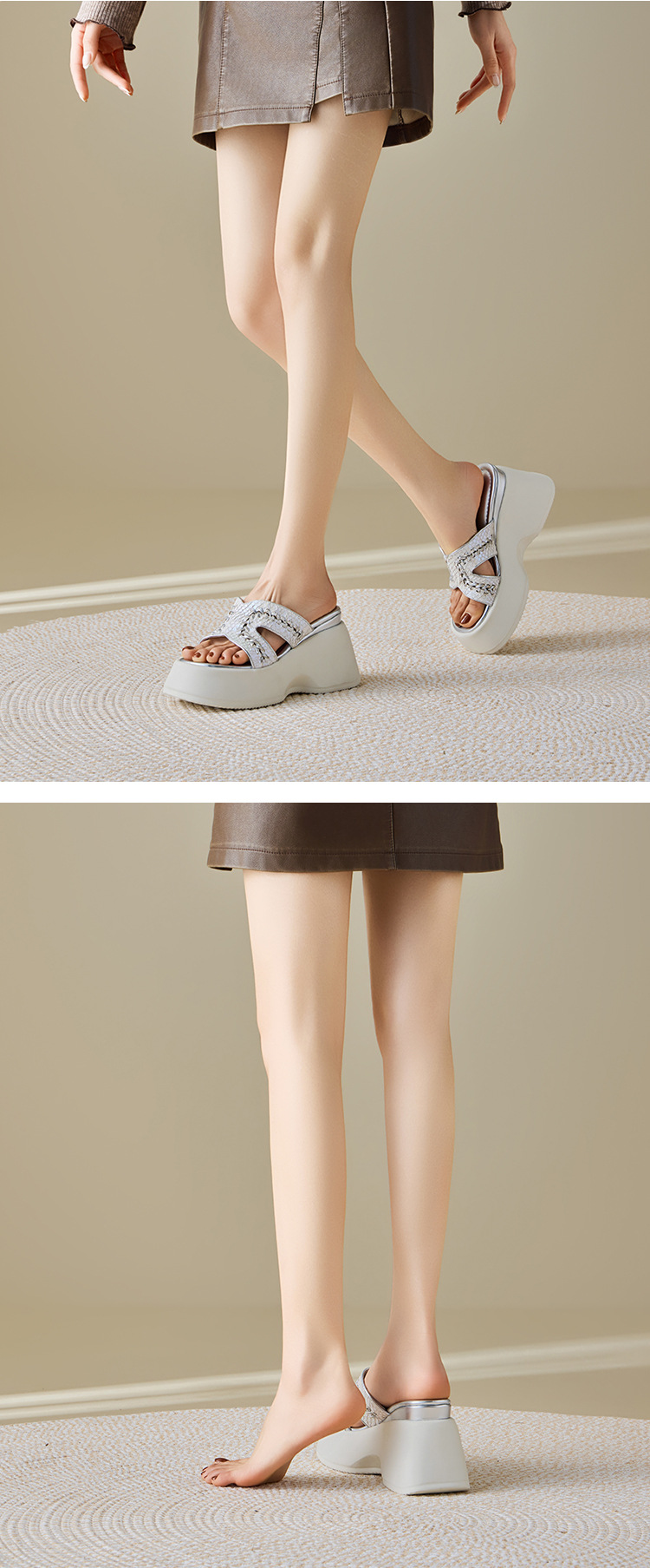 Dép sandal nữ xỏ ngón đế bệt phong cách trẻ trung, gót 10 cm — màu vàng, màu trắng chi tiết 7
