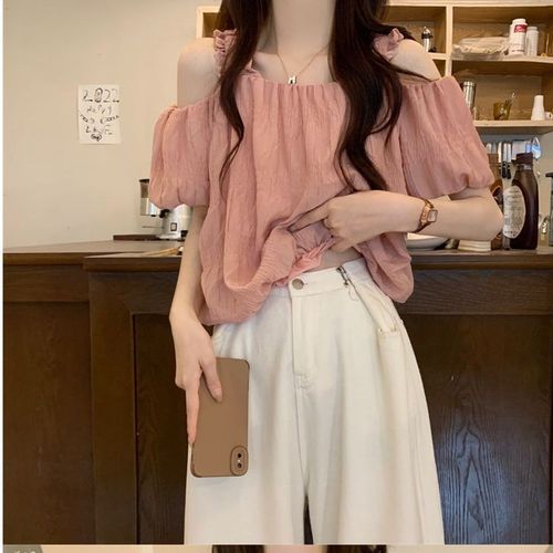 French one-shoulder spaghetti strap short-sleeve women's summer design sense niche loose slimming off-shoulder bubble sleeve top