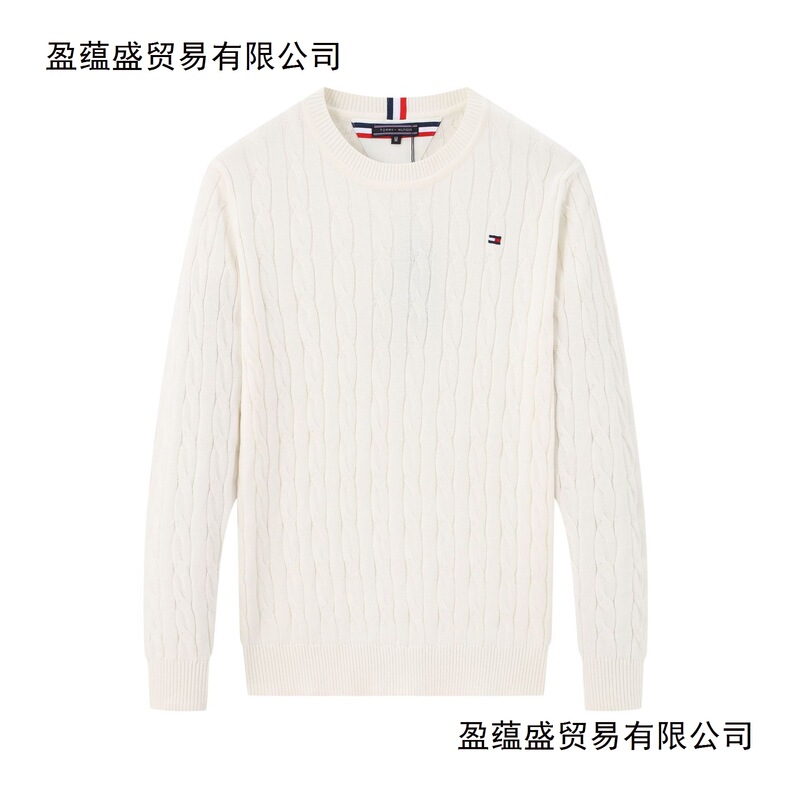 Cross-Border Winter New Tommy Men's Knitwear Thickeneded Round Neck Tommy Knitwear Men's Pure Cotton Long-Sleeved Knitwear