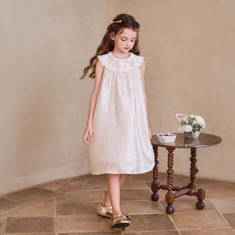 Girls Dress 2025 Summer New Lyocell Skirt Children's Lace Satin Tank Top Cool Sleeveless