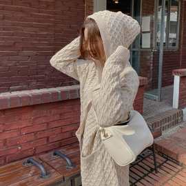 韩国2021新款秋冬女装休闲立体编织单排扣连帽针织长款开衫外套