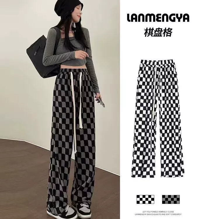 Черно-белые широкие брюки в клетку для женщин, летние и осенние модные повседневные прямые брюки с драпировкой и высокой талией, свободные брюки в шахматном порядке из ледяного шелка.