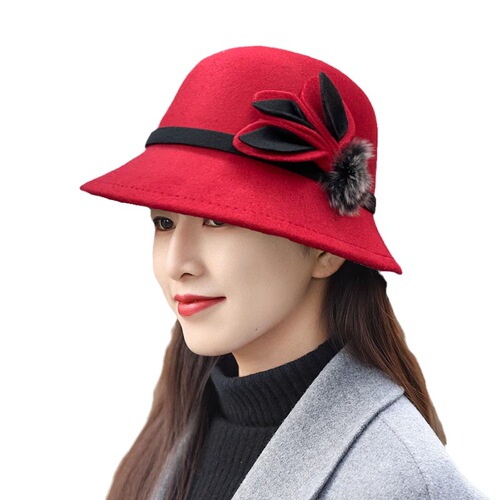 Woolen hat French high-end single-sided woolen pompom spring and autumn British style fisherman hat retro elegant small basin hat