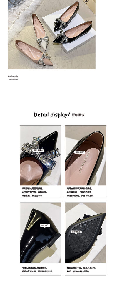 Giày cao gót nữ mũi nhọn gót xuồng đính đá nơ, đế độn cao bên trong 3 cm — Màu mơ, Màu trắng be, Màu đen chi tiết 7