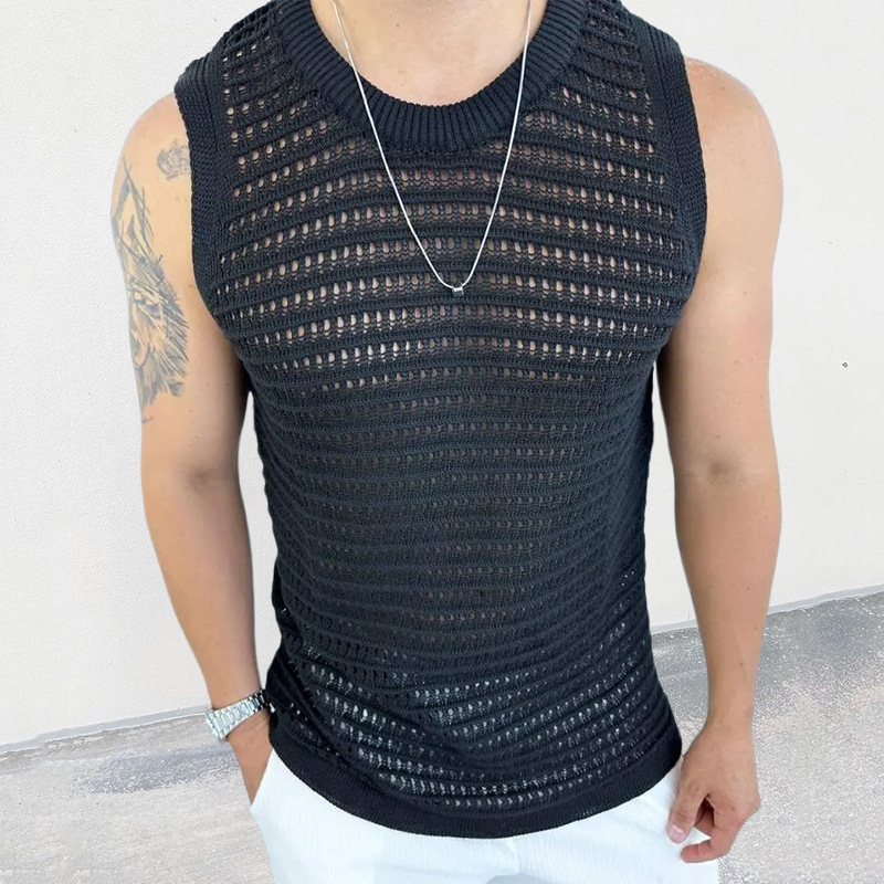 2025 New Men's Sweater Solid Color Slim Fit Sleeveless Hollow Knit Vest Style_voghion.com