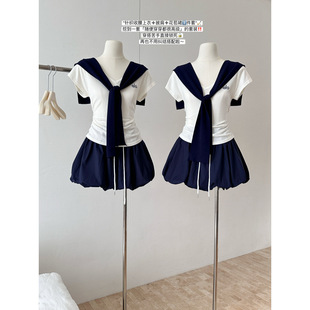 熹鳳梨夏裝一整套搭配海軍風套裝裙女2025新款披肩V領T恤+蓬蓬裙