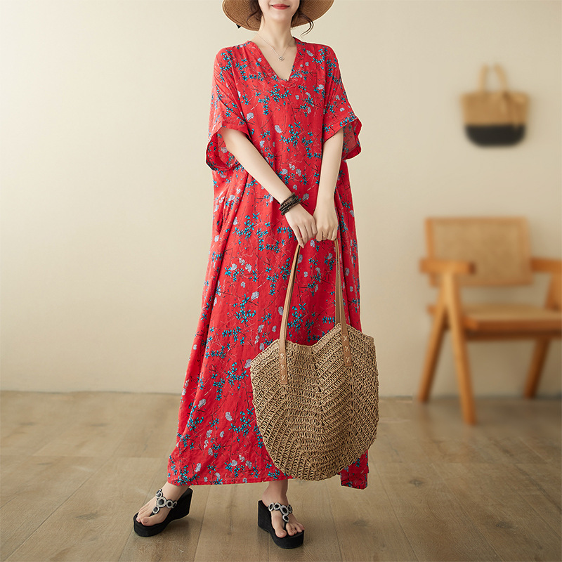 2024 Summer V-neck Cotton Linen Large Size Loose Artistic Holiday Beach Dress Retro Meat Covering Long Gown for Women 2024 Summer V-neck Cotton Linen Large Size Loose Artistic Holiday Beach Dress Retro Meat Covering Long Gown for Women