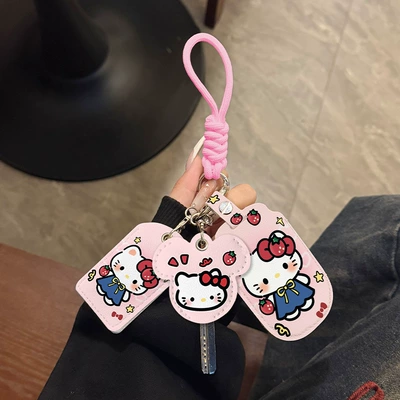 Cartoon Three-Piece Set Key Cover – Electric vehicle key cover shell - three-card-holders-pink-key-rope-strawberry-kt