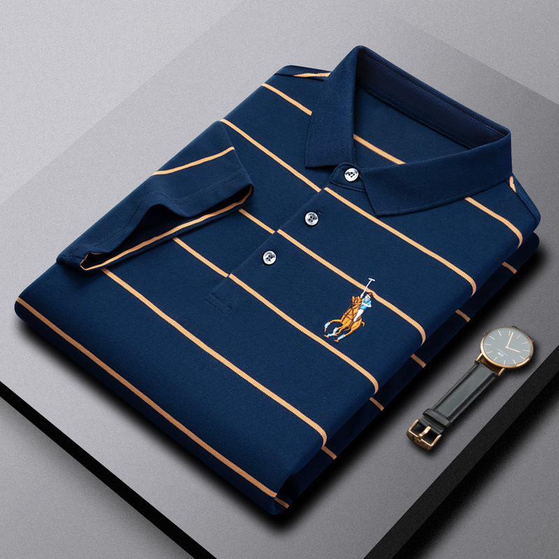 Ali Tiger Men's Summer Short-sleeved Striped Paul Shirt Embroidered Business High-end Lapel Short-sleeved Men's Polo Shirt
