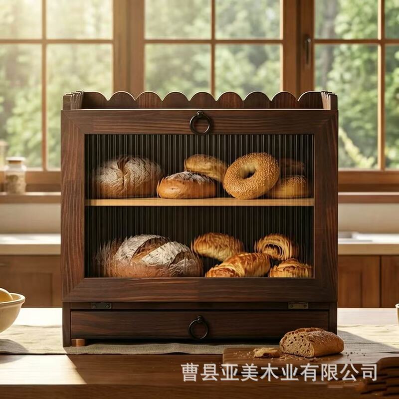 New Wooden Bread Box, Solid Wood Double-Layer Kitchen Bread Storage Box, Flip-Top Wooden Pastry and Dessert Storage Box