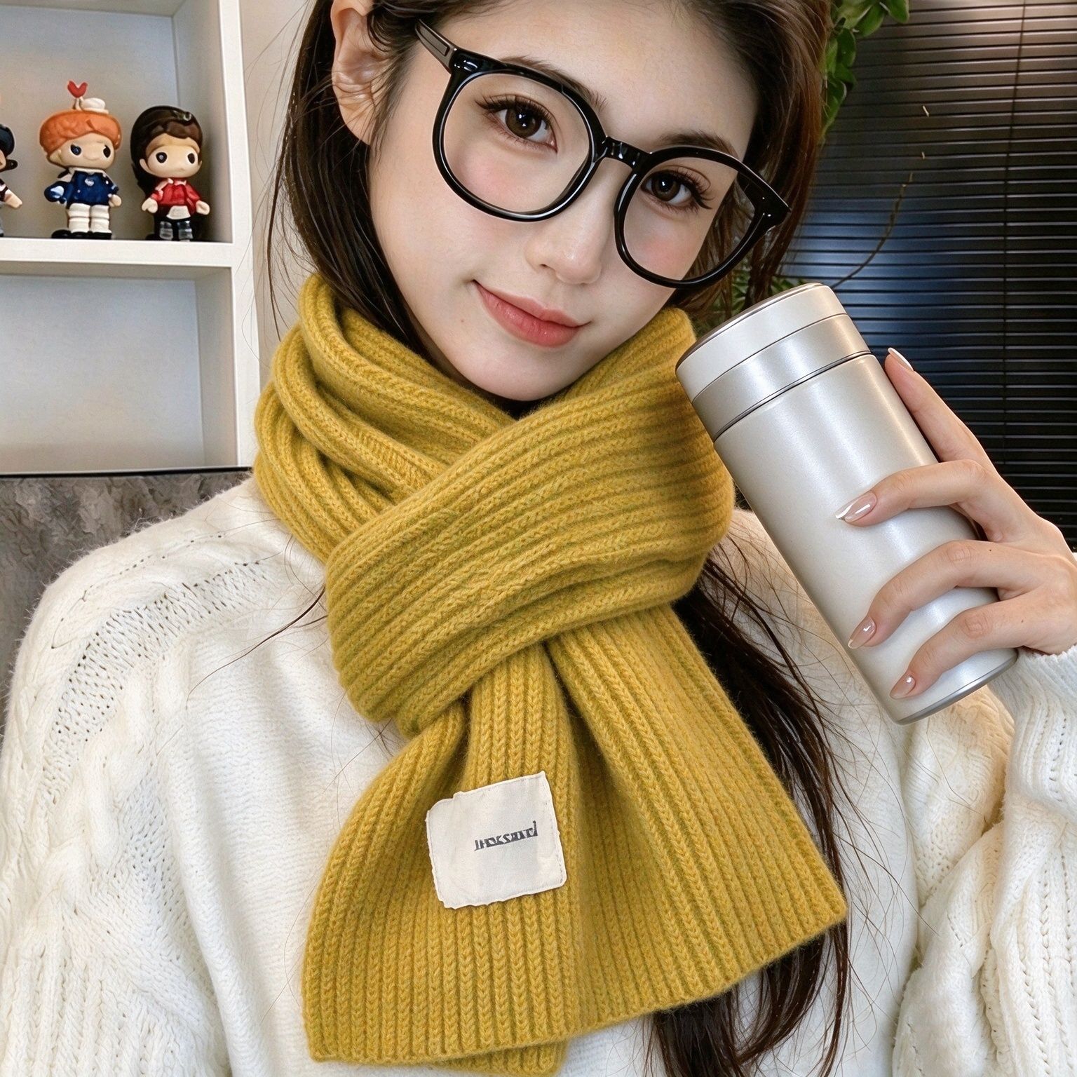Simple Big Red Soft and Cozy Small Scarf, Autumn and Winter Korean Style Yellow Knitted Wool Scarf for Women, Warm and Customizable
