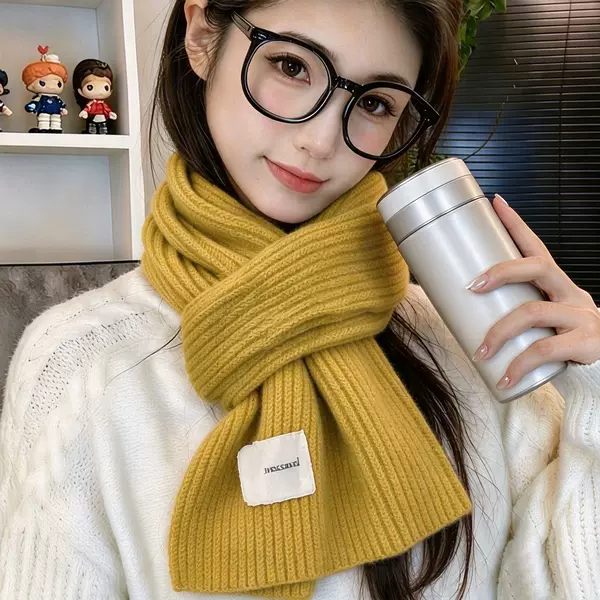 Simple Big Red Soft and Cozy Small Scarf, Autumn and Winter Korean Style Yellow Knitted Wool Scarf for Women, Warm and Customizable